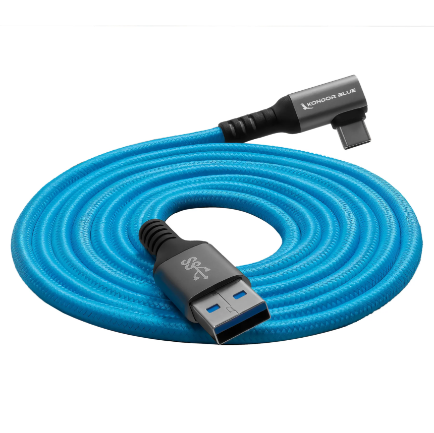 Kondor Blue USB A TO USB C RIGHT ANGLE HIGH SPEED DATA AND POWER CABLE 3A 60W 5G (10 FEET)